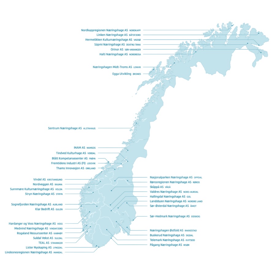 Kart over næringshagene i Norge.